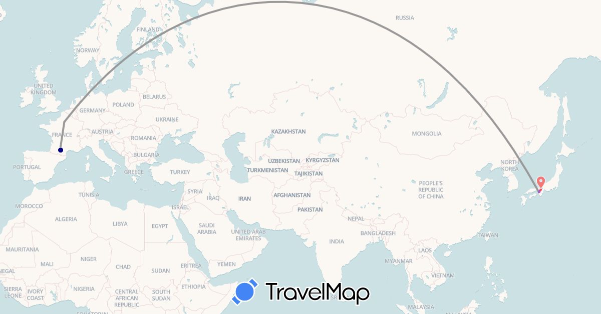 TravelMap itinerary: driving, bus, plane, train, hiking in France, Japan (Asia, Europe)